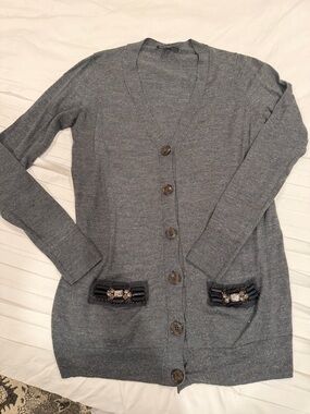Ann Taylor Gray Women's Cardigan with Embellished Pockets
